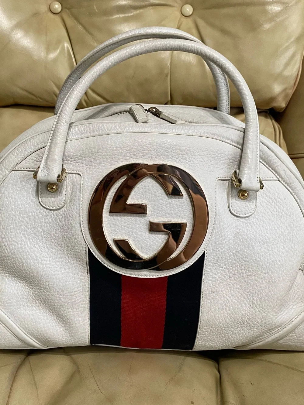 RARE Gucci XL Blondie Travel Bag Dome Satchel Web Stripe Pebble Leather